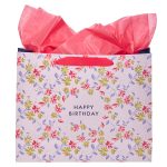 Green And Pink Flower Design Happy Birthday Large Landscape Gift Bag With Card - Image 5