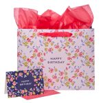 Green And Pink Flower Design Happy Birthday Large Landscape Gift Bag With Card - Image 4