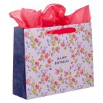 Green And Pink Flower Design Happy Birthday Large Landscape Gift Bag With Card - Image 6