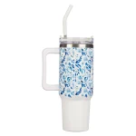Trust in the Lord White and Blue Floral Large Stainless Steel Mug with Handle and Straw - Image 2