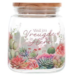 Vind Vreugde in die Here Afrikaans Glass Cookie Jar with Bamboo Lid