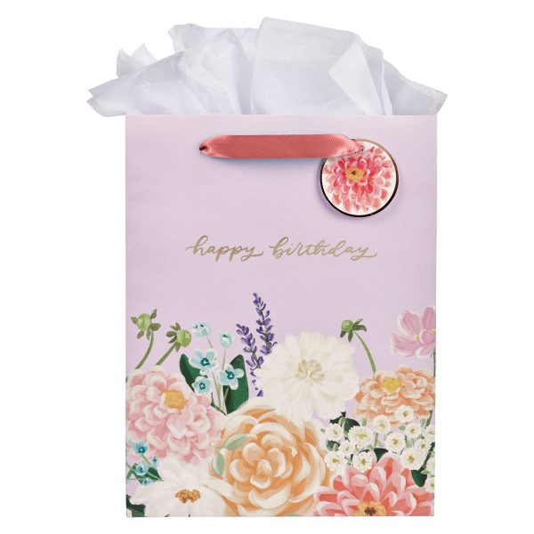 Happy Birthday Purple Floral Portrait Gift Bag with Gift Tag - Image 5