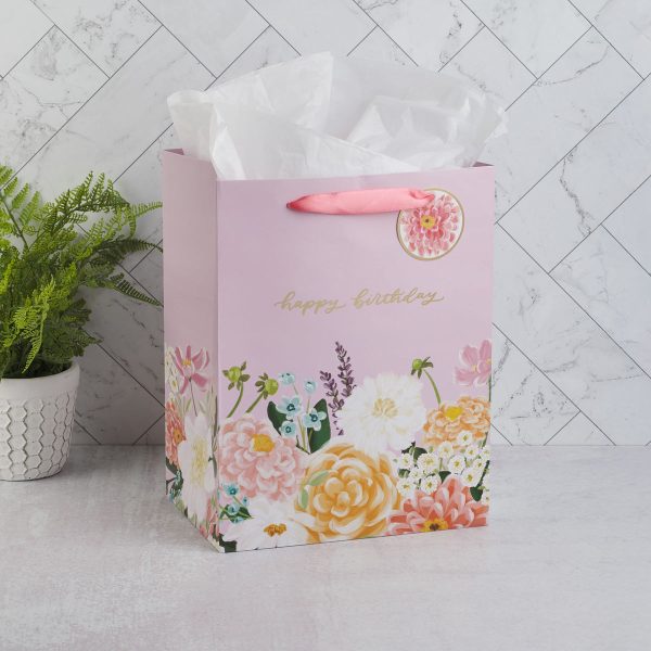 Happy Birthday Purple Floral Portrait Gift Bag with Gift Tag - Image 6