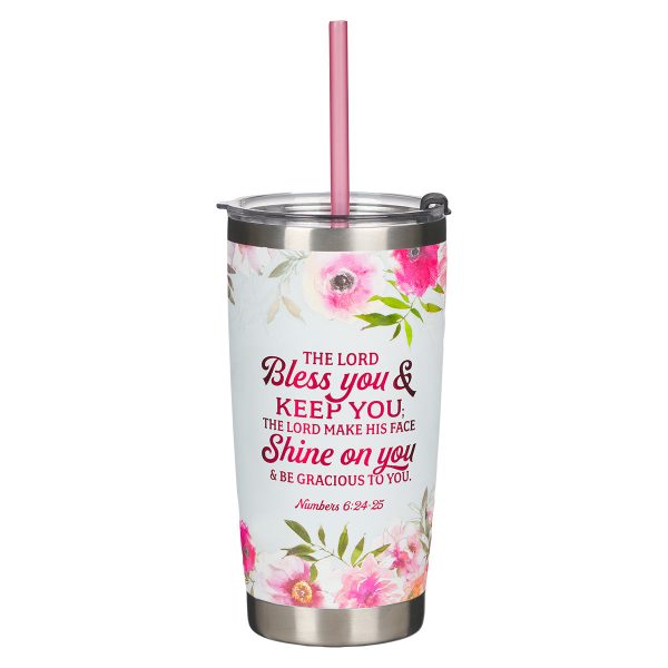 Bless You Floral Pink Stainless Steel Travel Mug - Numbers 6:24-25 - Image 1