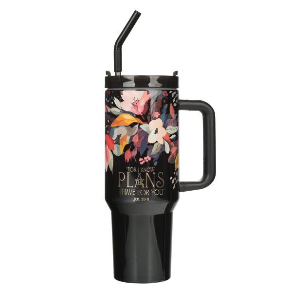 For I Know the Plans Large Stainless Steel Travel Mug with Handle and Straw - Image 1