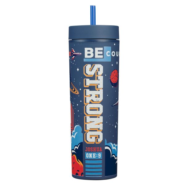 Strong and Courageous Navy Blue Plastic Travel Tumbler with Straw - Image 7