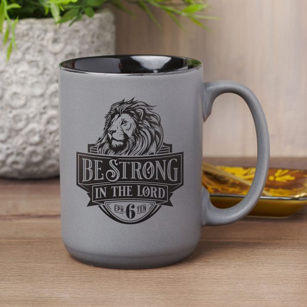 Be Strong in the Lord Matte Grey Ceramic Mug with Black Interior - Image 8