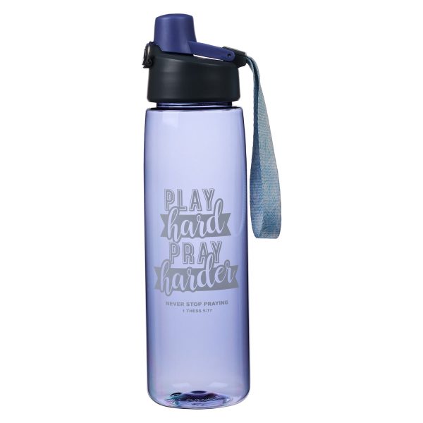 Play Hard, Pray Harder - Never Stop Praying Purple Plastic Water Bottle - Image 13