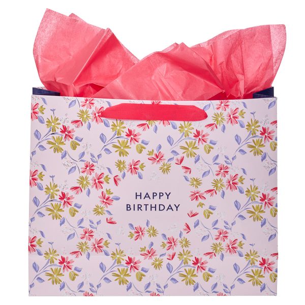 Green And Pink Flower Design Happy Birthday Large Landscape Gift Bag With Card - Image 13