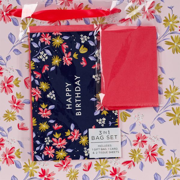 Green And Pink Flower Design Happy Birthday Large Landscape Gift Bag With Card - Image 15
